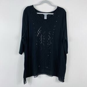 Catherines Plus Size 1X 18 20 Sequin Front Chiffon Trim Top Black